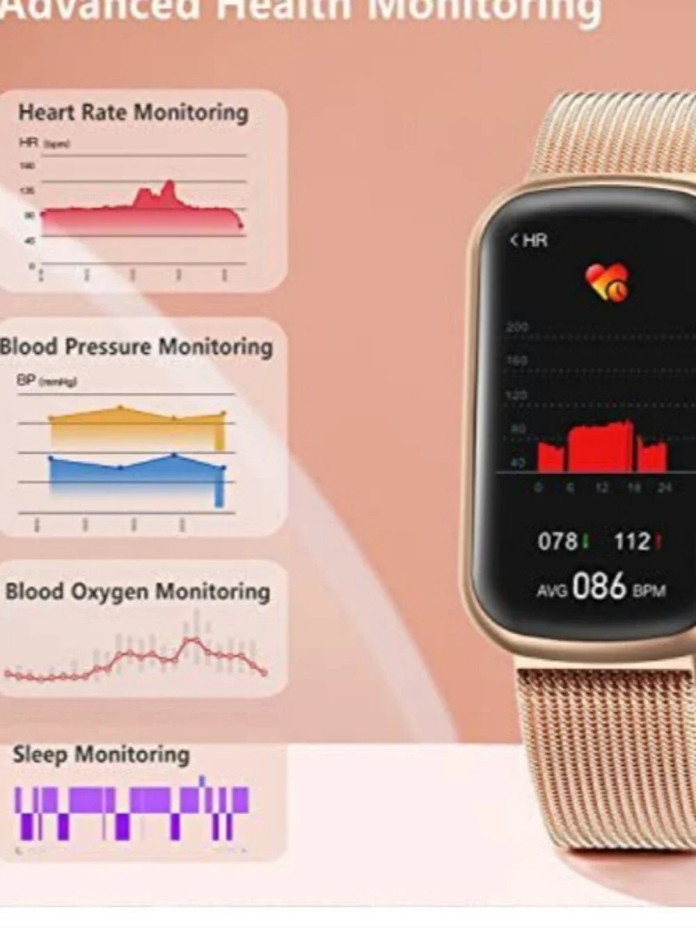 Fit VIiRose Gold Smart Fitness Tracker Watch with Milanese Loop